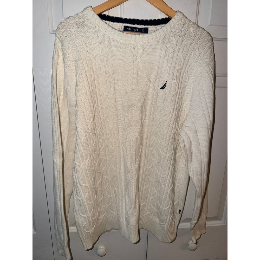 Nautica Mens XXL Cream White Cable Knit Cotton Crew Neck Sweater Pullover‎ XXL